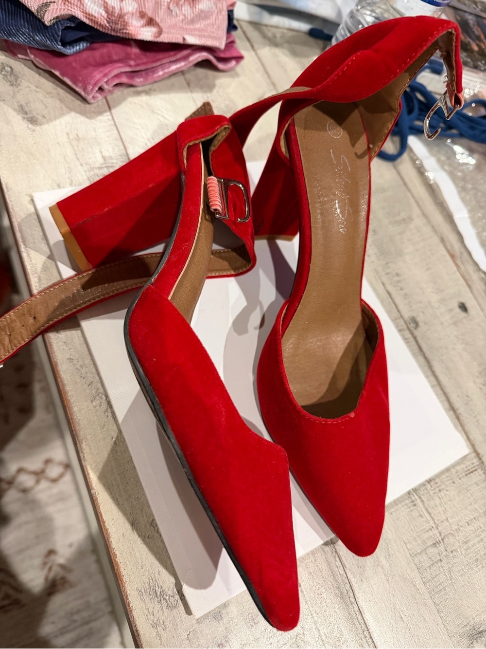 Red Pointed Block Heel Ankle Strap Pumps